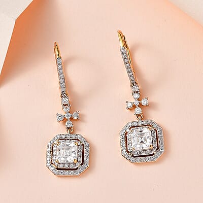 Asscher Cut Moissanite Dangling Earrings in Vermeil Yellow Gold Over Sterling Silver 3.40 ctw