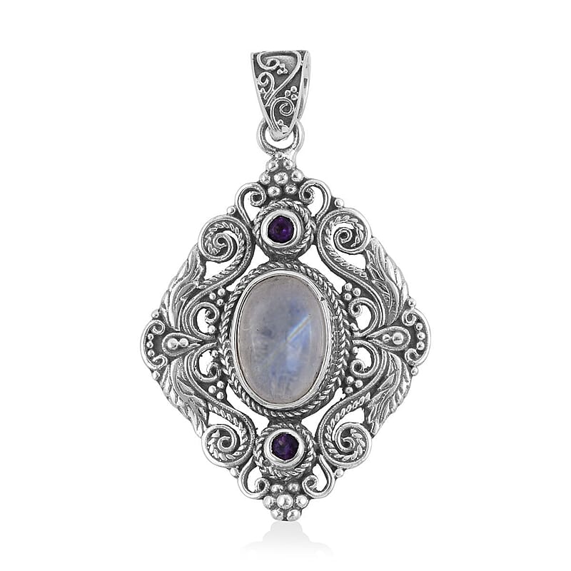 Bali Legacy Kuisa Rainbow Moonstone and Amethyst Pendant in Sterling Silver 7.75 ctw
