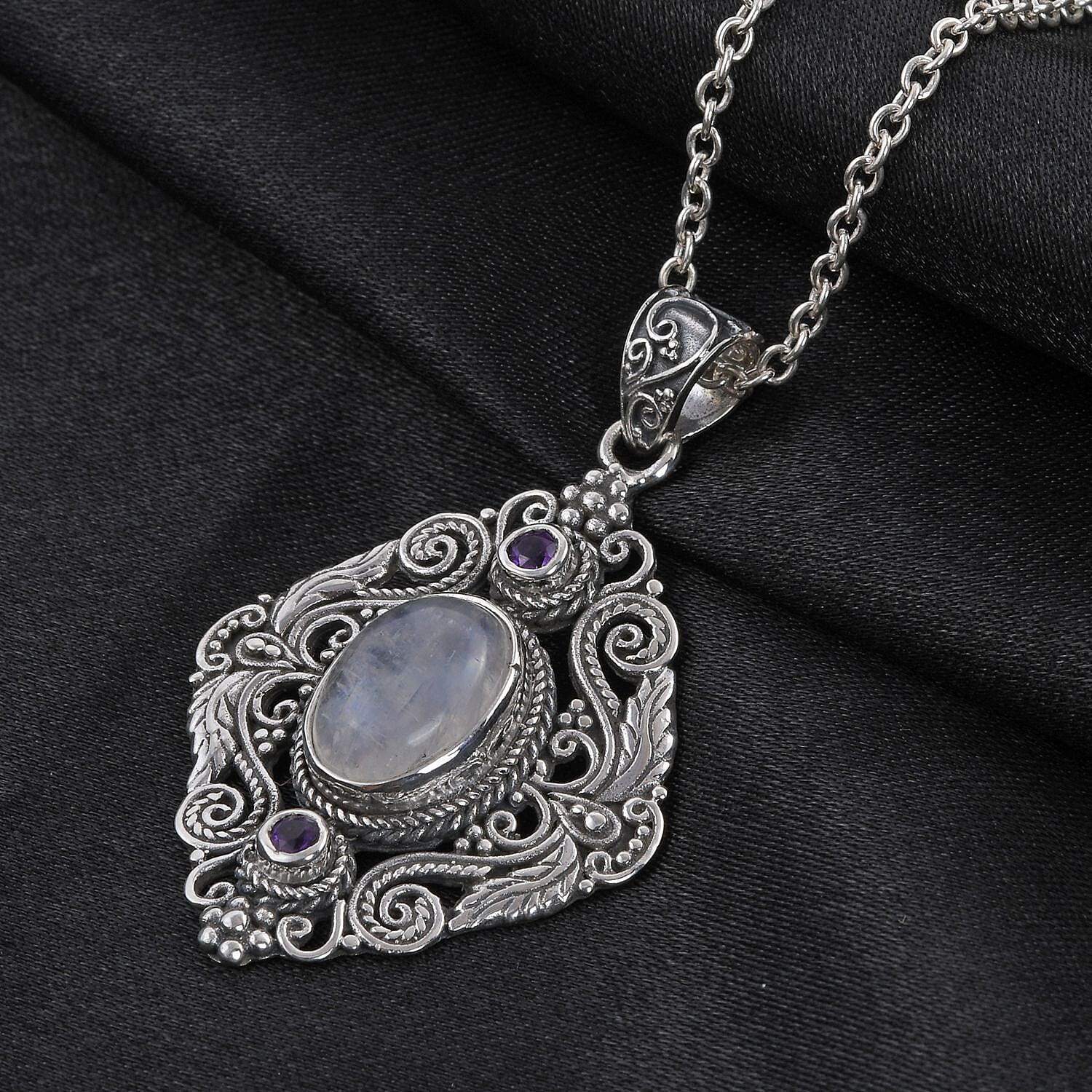 Bali Legacy Kuisa Rainbow Moonstone and Amethyst Pendant in Sterling Silver 7.75 ctw