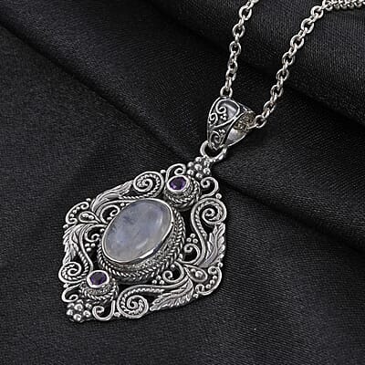 Bali Legacy Kuisa Rainbow Moonstone and Amethyst Pendant in Sterling Silver 7.75 ctw