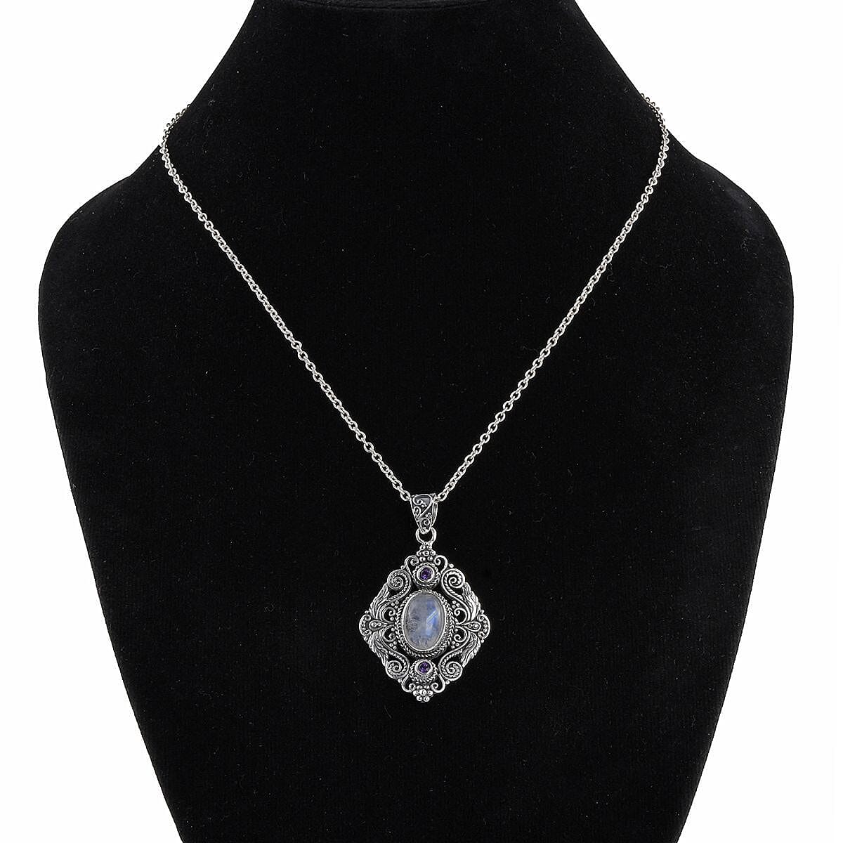 Bali Legacy Kuisa Rainbow Moonstone and Amethyst Pendant in Sterling Silver 7.75 ctw
