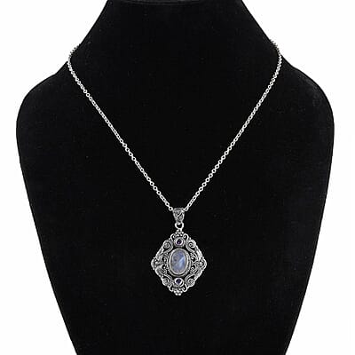 Bali Legacy Kuisa Rainbow Moonstone and Amethyst Pendant in Sterling Silver 7.75 ctw