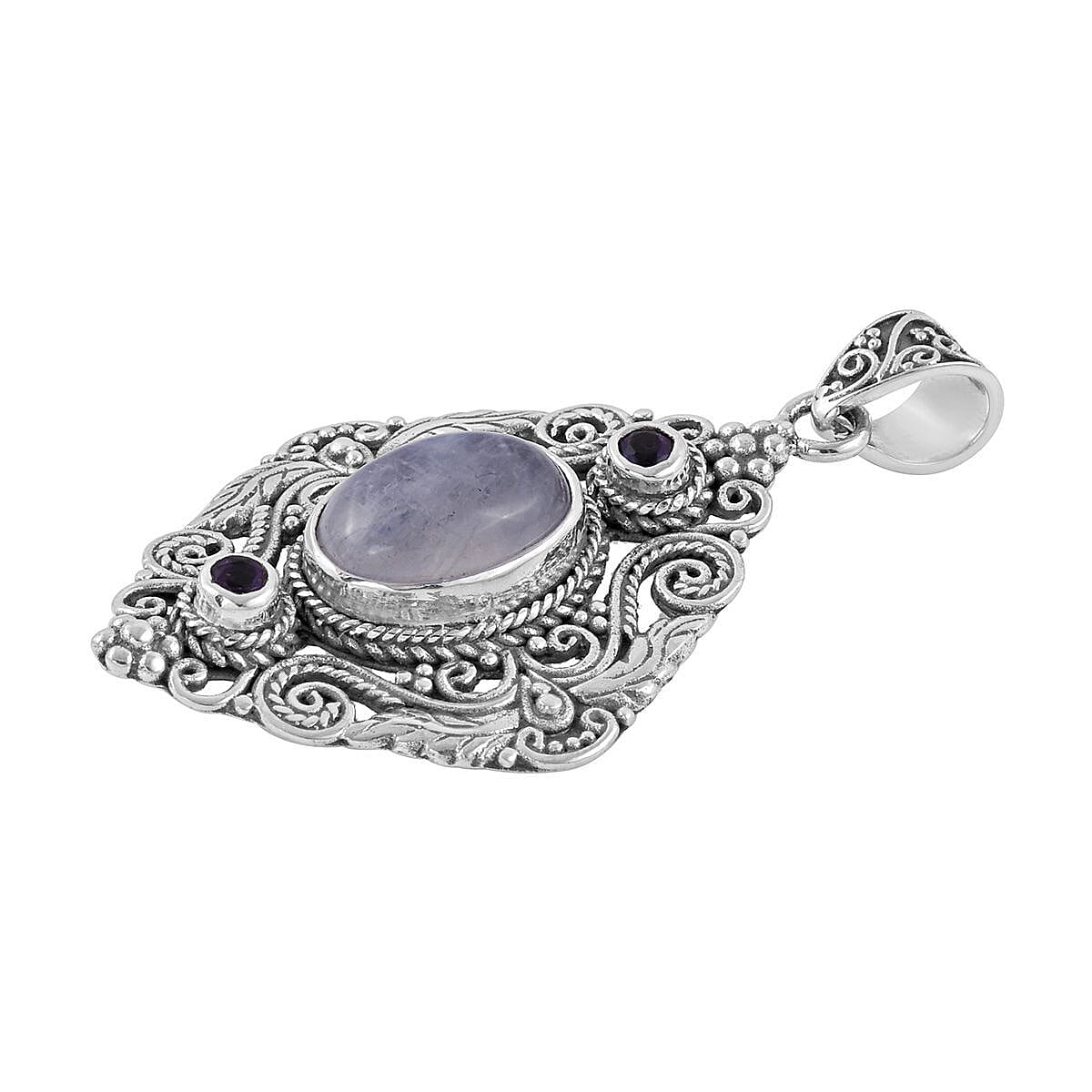 Bali Legacy Kuisa Rainbow Moonstone and Amethyst Pendant in Sterling Silver 7.75 ctw