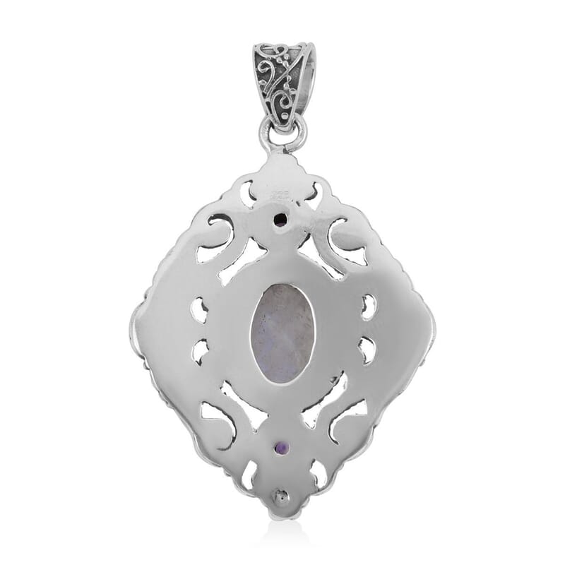 Bali Legacy Kuisa Rainbow Moonstone and Amethyst Pendant in Sterling Silver 7.75 ctw