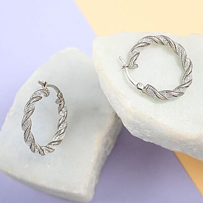 Rhodium Over Sterling Silver Twisted Hoop Earrings 2.95 Grams