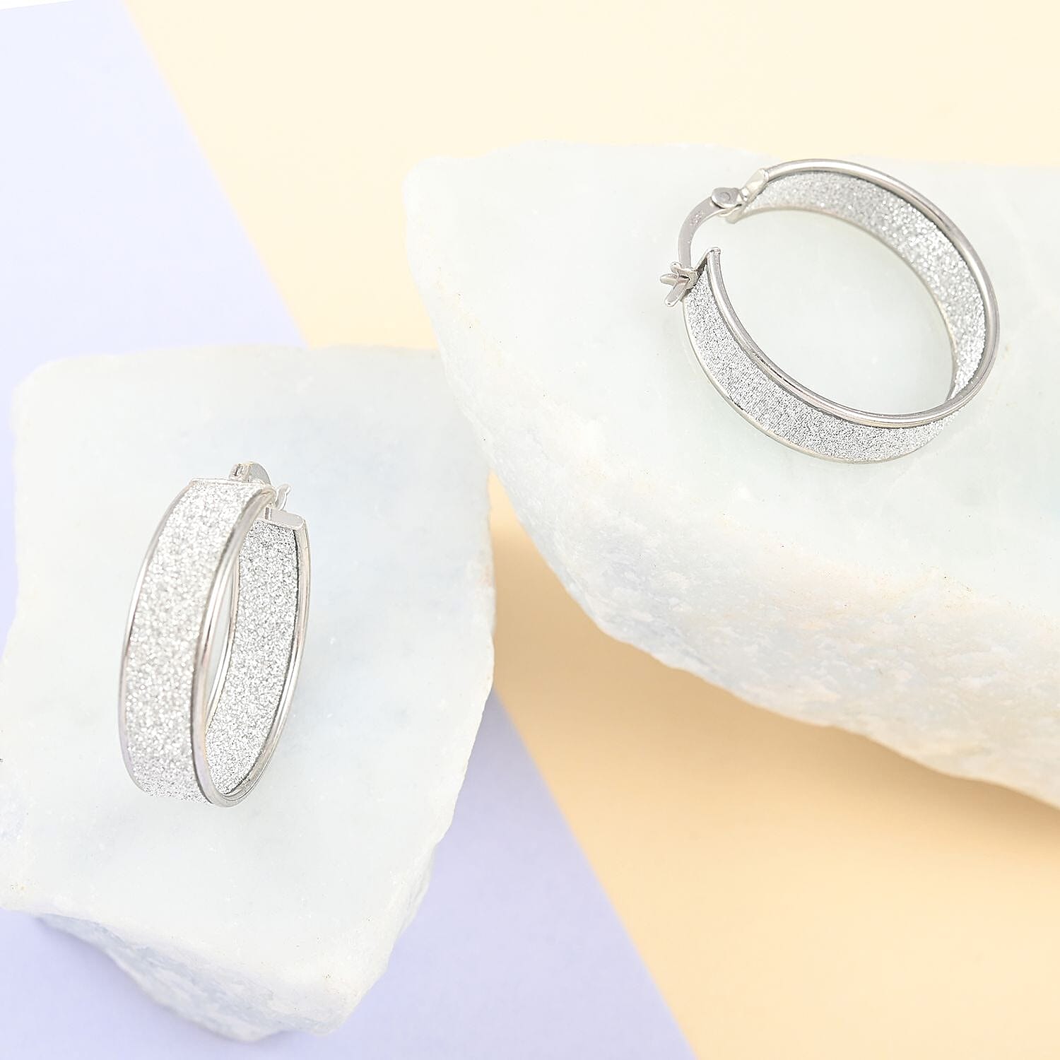 Rhodium Over Sterling Silver Sparkle Hoop Earrings 3.75 Grams