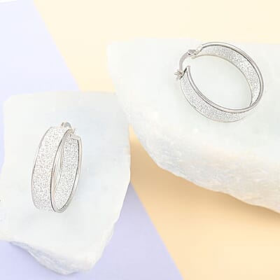 Rhodium Over Sterling Silver Sparkle Hoop Earrings 3.75 Grams