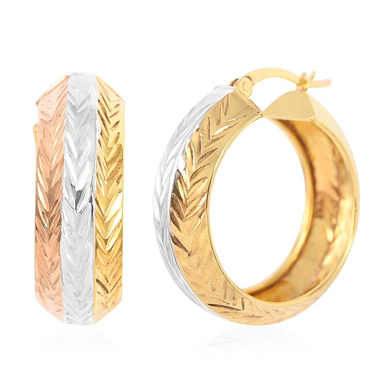 14K Yellow, Rose Gold Over and Sterling Silver Textured Hoop Earrings 3.85 Grams