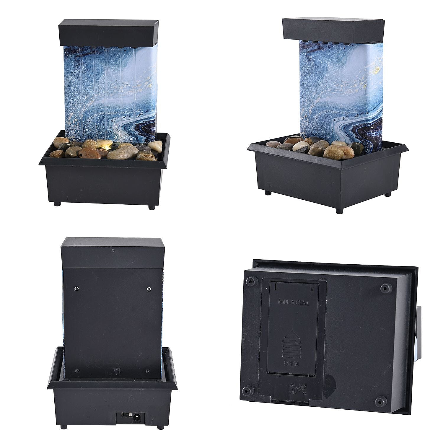 Black Mini Waterfalls Water Fountain with LED Light, Battery Operated Pebble Table Top Indoor Outdoor Showpiece Fountain for Living Room Table Decor Bedroom Office - Water Circulation (2xAA Battery Not Included)