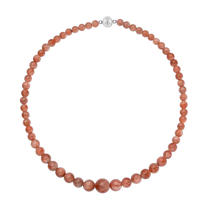 Tanzania Golden Sunstone Bead Necklace In Rhodium Plated Sterling Silver, Silver Beaded Necklace For Women (20 Inches) 578.00 ctw