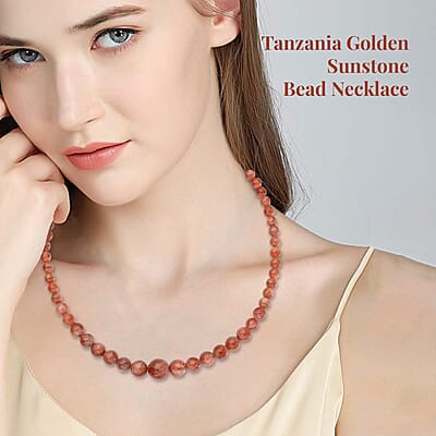 Tanzania Golden Sunstone Bead Necklace In Rhodium Plated Sterling Silver, Silver Beaded Necklace For Women (20 Inches) 578.00 ctw