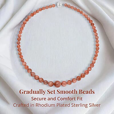 Tanzania Golden Sunstone Bead Necklace In Rhodium Plated Sterling Silver, Silver Beaded Necklace For Women (20 Inches) 578.00 ctw