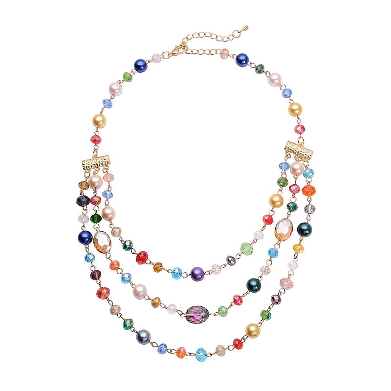Simulated Multi Color Pearl and Multi Color Glass Layered Necklace 21.5-23.5 Inches in Goldtone