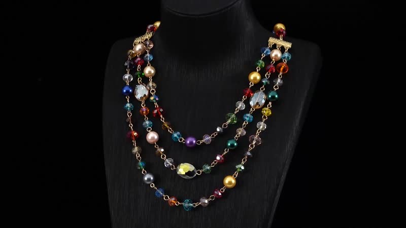 Simulated Multi Color Pearl and Multi Color Glass Layered Necklace 21.5-23.5 Inches in Goldtone