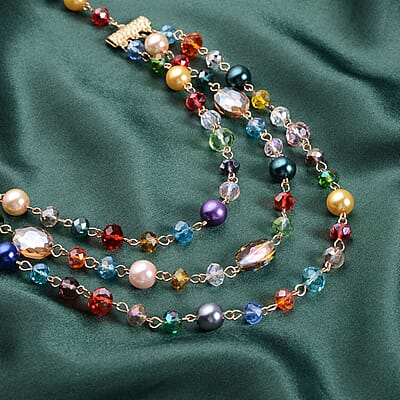 Simulated Multi Color Pearl and Multi Color Glass Layered Necklace 21.5-23.5 Inches in Goldtone