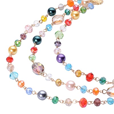 Simulated Multi Color Pearl and Multi Color Glass Layered Necklace 21.5-23.5 Inches in Goldtone