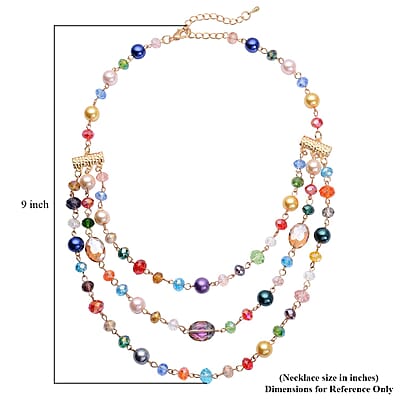 Simulated Multi Color Pearl and Multi Color Glass Layered Necklace 21.5-23.5 Inches in Goldtone