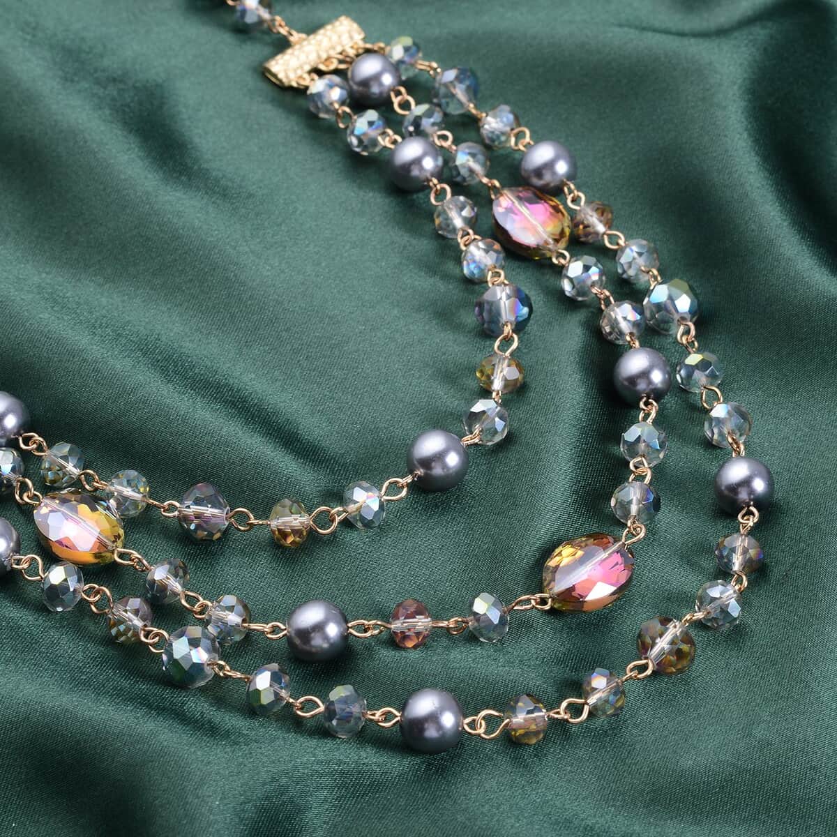 Simulated Gray Pearl and Gray Glass Layered Necklace 21.5-23.5 Inches in Goldtone image number 1