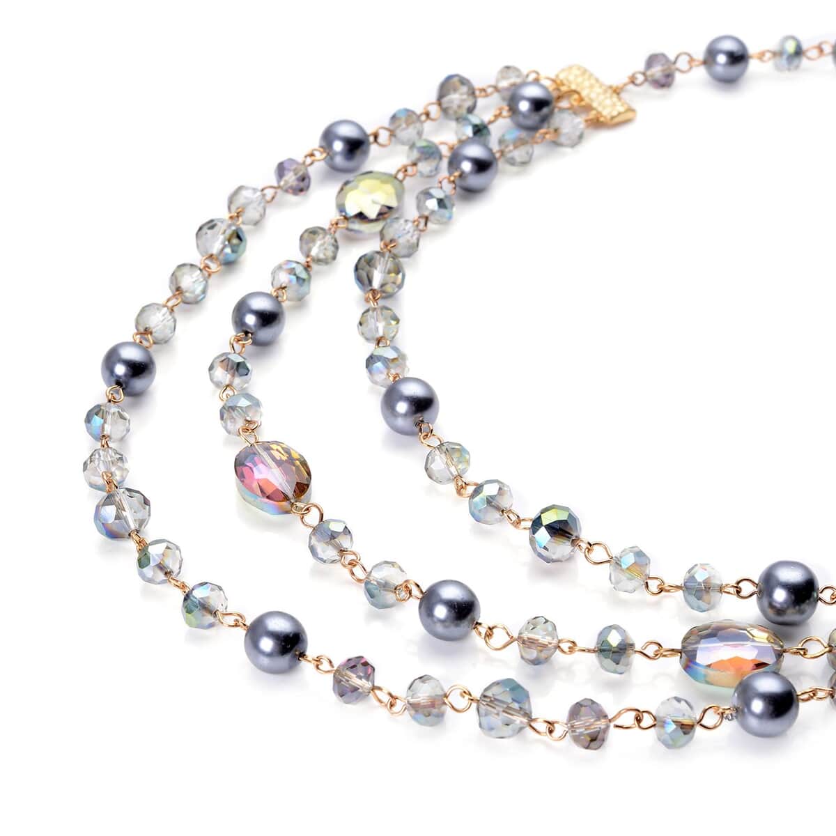 Simulated Gray Pearl and Gray Glass Layered Necklace 21.5-23.5 Inches in Goldtone image number 2