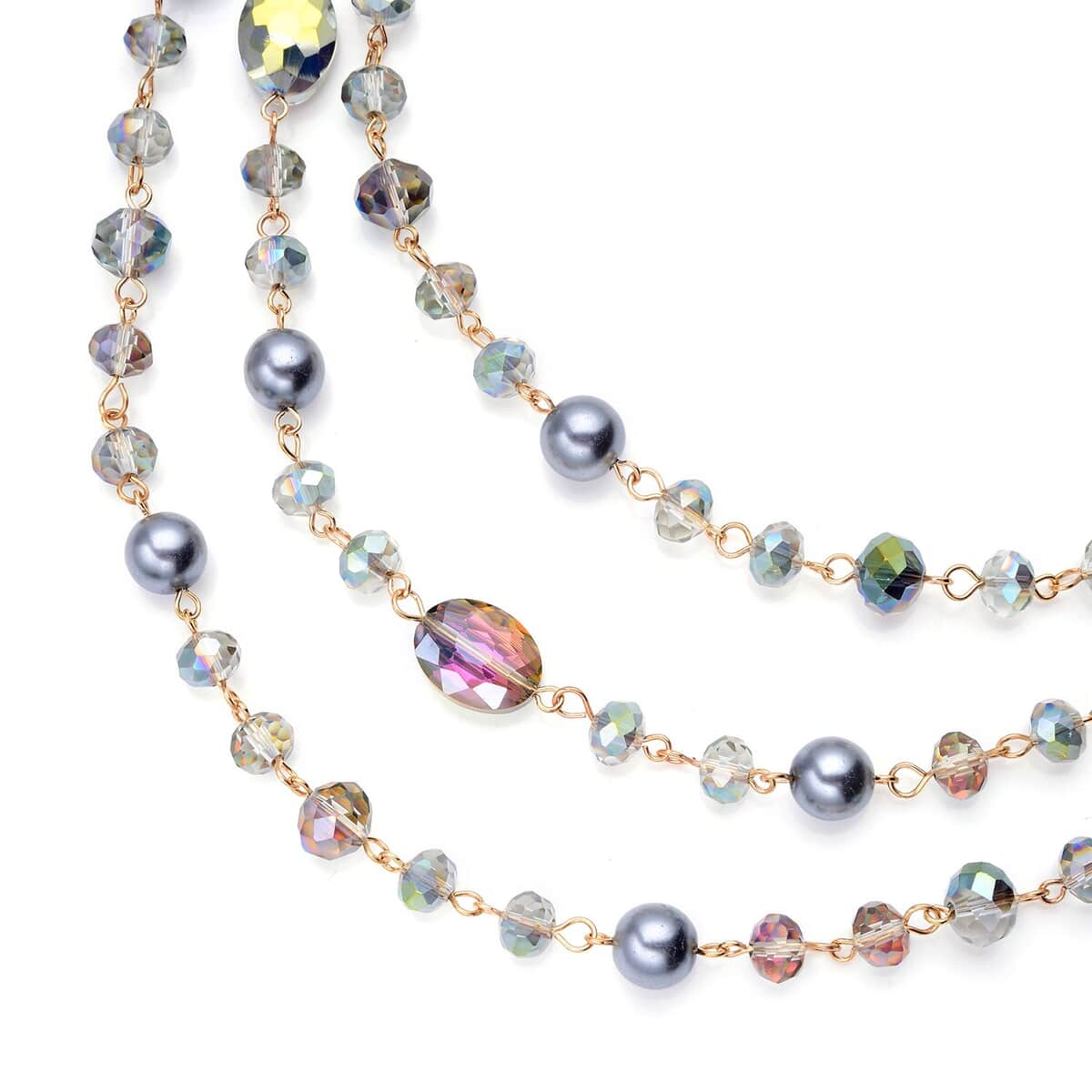 Simulated Gray Pearl and Gray Glass Layered Necklace 21.5-23.5 Inches in Goldtone image number 3