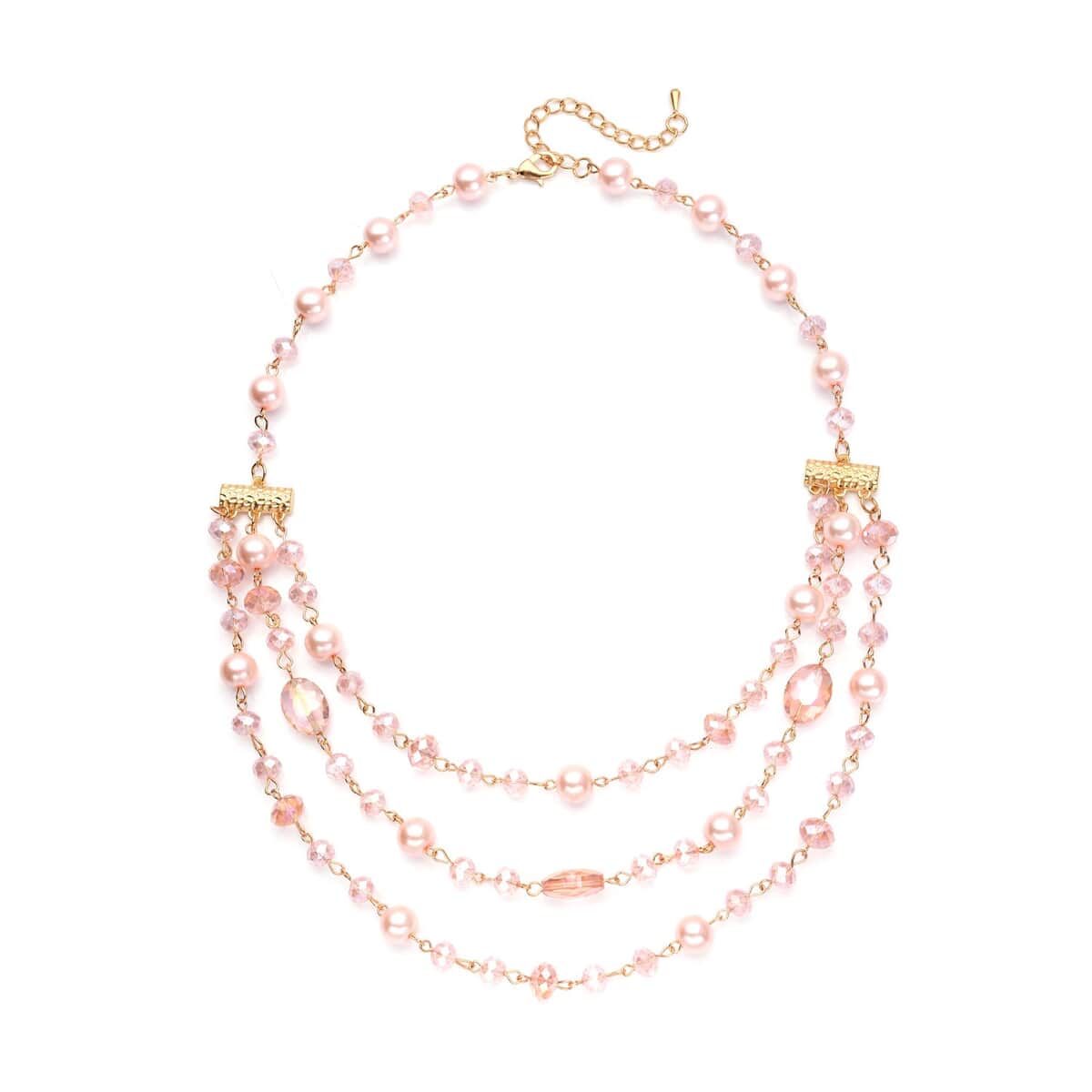 Simulated Pink Pearl and Pink Glass Layered Necklace 21.5-23.5 Inches in Goldtone image number 0