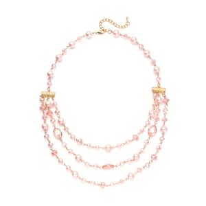 Simulated Pink Pearl and Pink Glass Layered Necklace 21.5-23.5 Inches in Goldtone