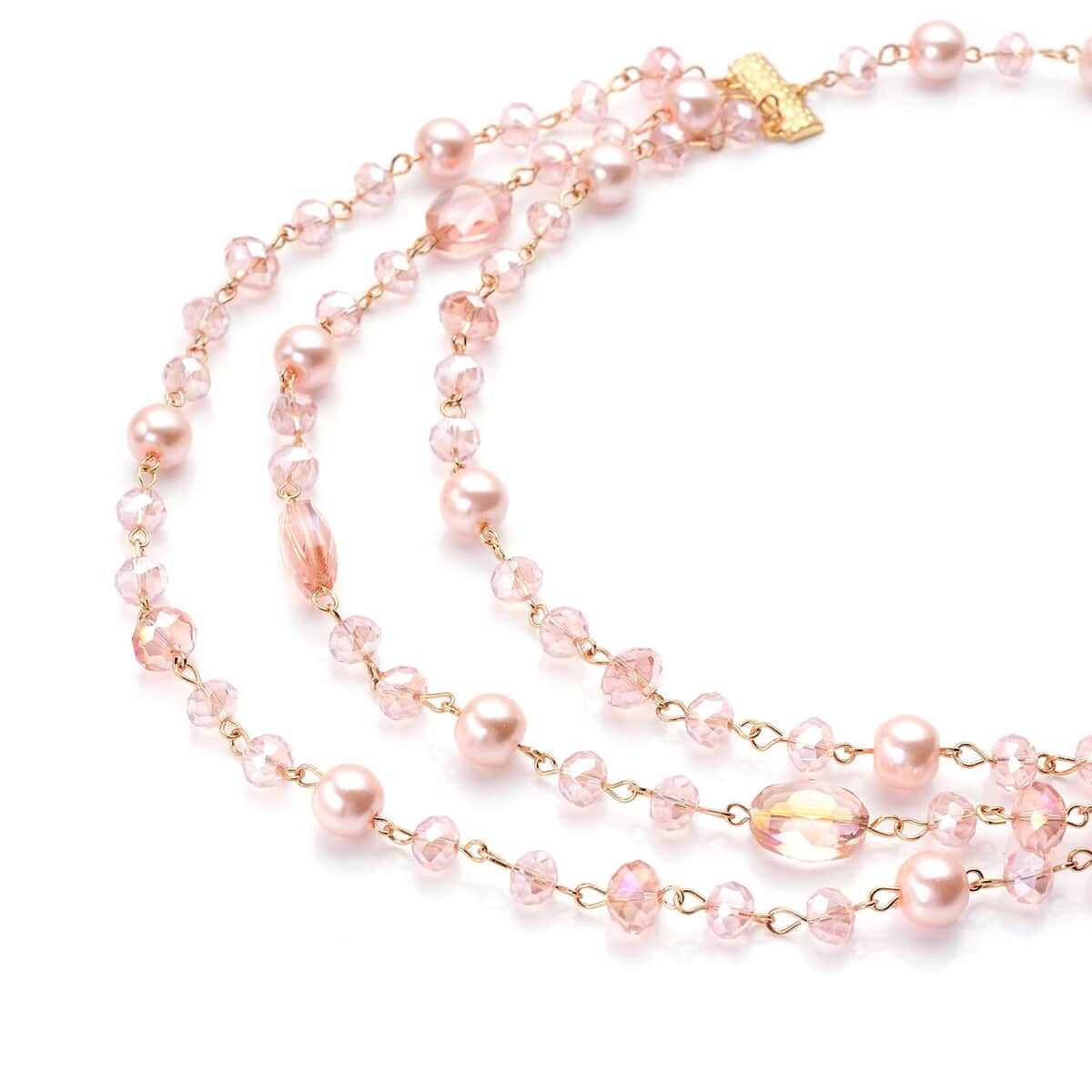 Simulated Pink Pearl and Pink Glass Layered Necklace 21.5-23.5 Inches in Goldtone image number 2