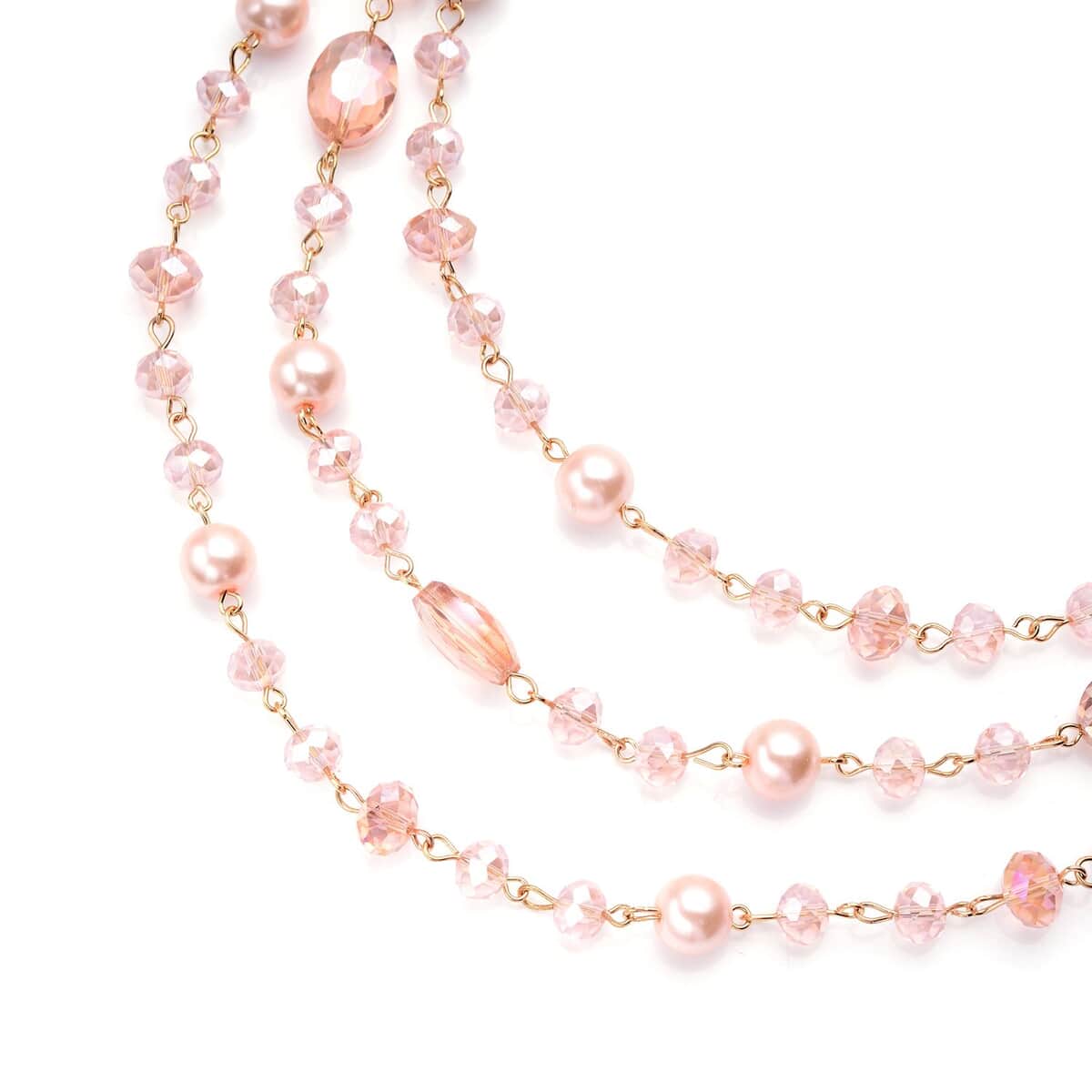 Simulated Pink Pearl and Pink Glass Layered Necklace 21.5-23.5 Inches in Goldtone image number 3