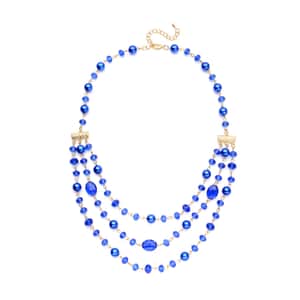 Simulated Blue Pearl and Blue Glass Layered Necklace 21.5-23.5 Inches in Goldtone