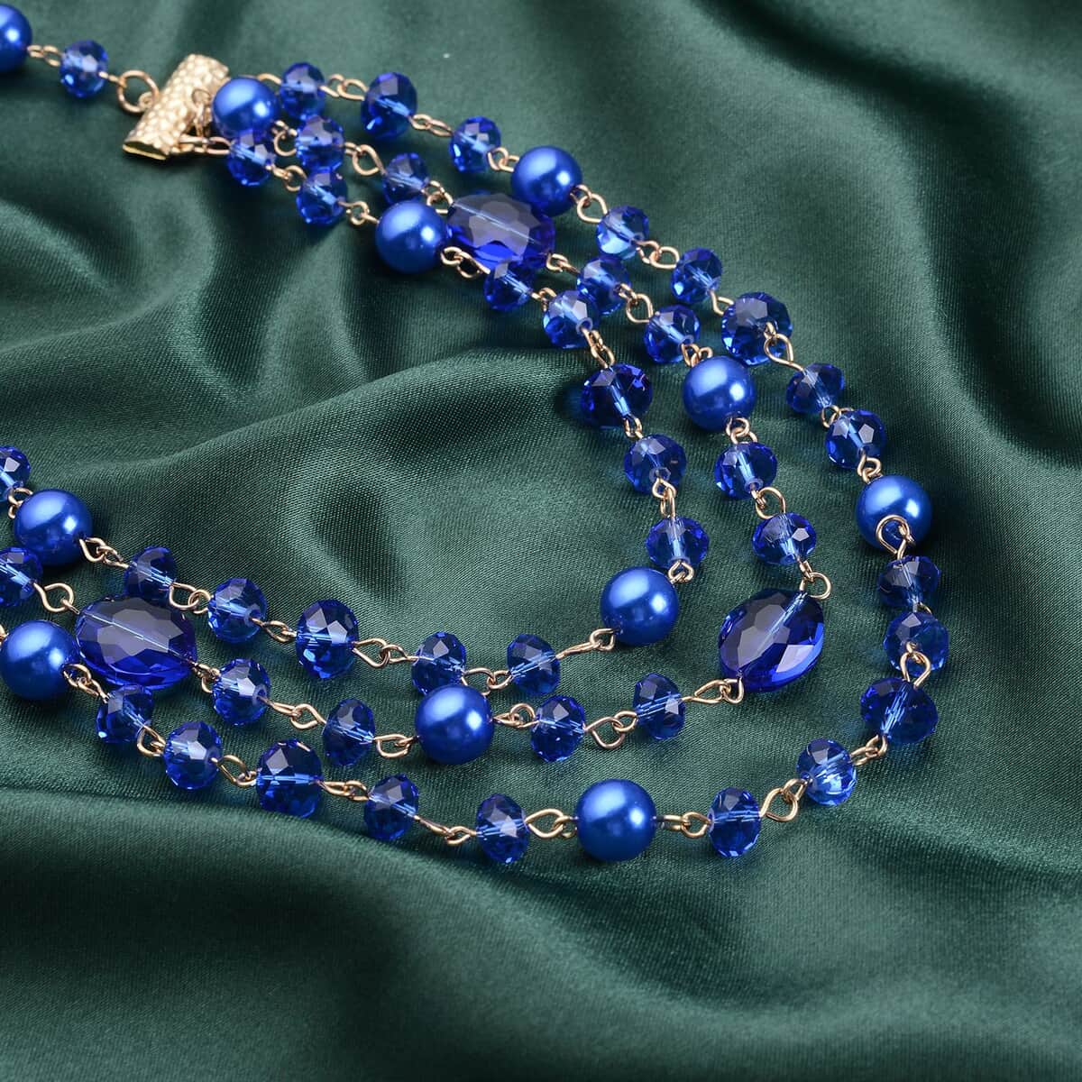 Simulated Blue Pearl and Blue Glass Layered Necklace 21.5-23.5 Inches in Goldtone image number 1