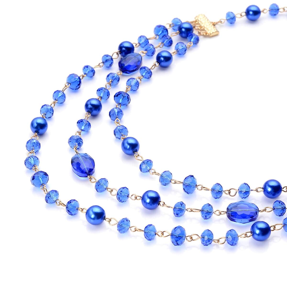 Simulated Blue Pearl and Blue Glass Layered Necklace 21.5-23.5 Inches in Goldtone image number 2