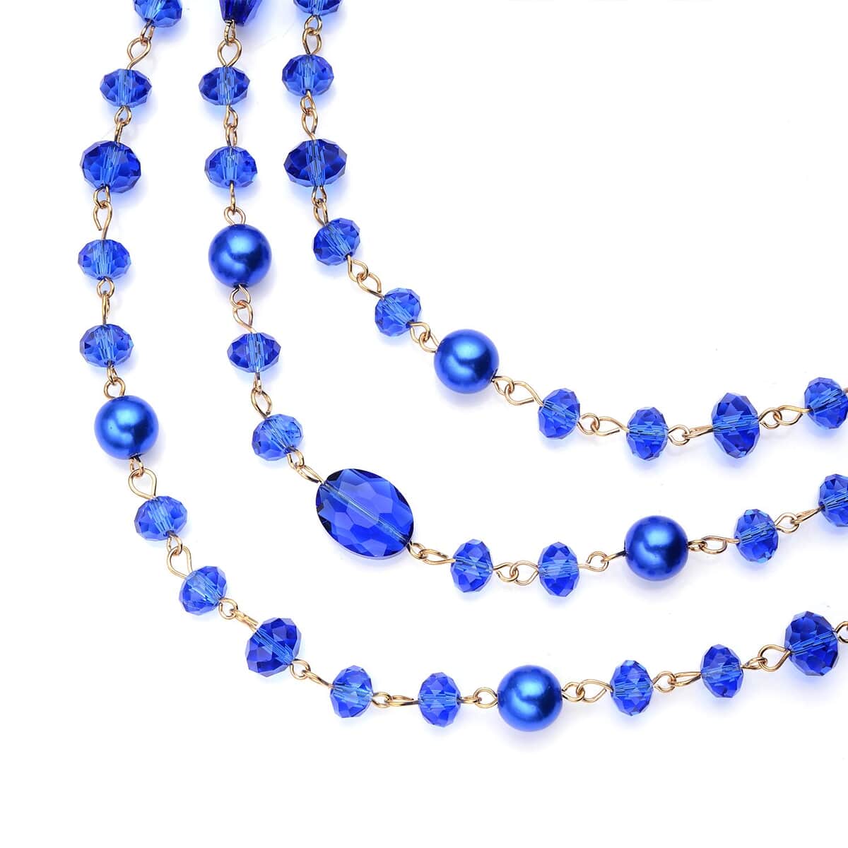 Simulated Blue Pearl and Blue Glass Layered Necklace 21.5-23.5 Inches in Goldtone image number 3