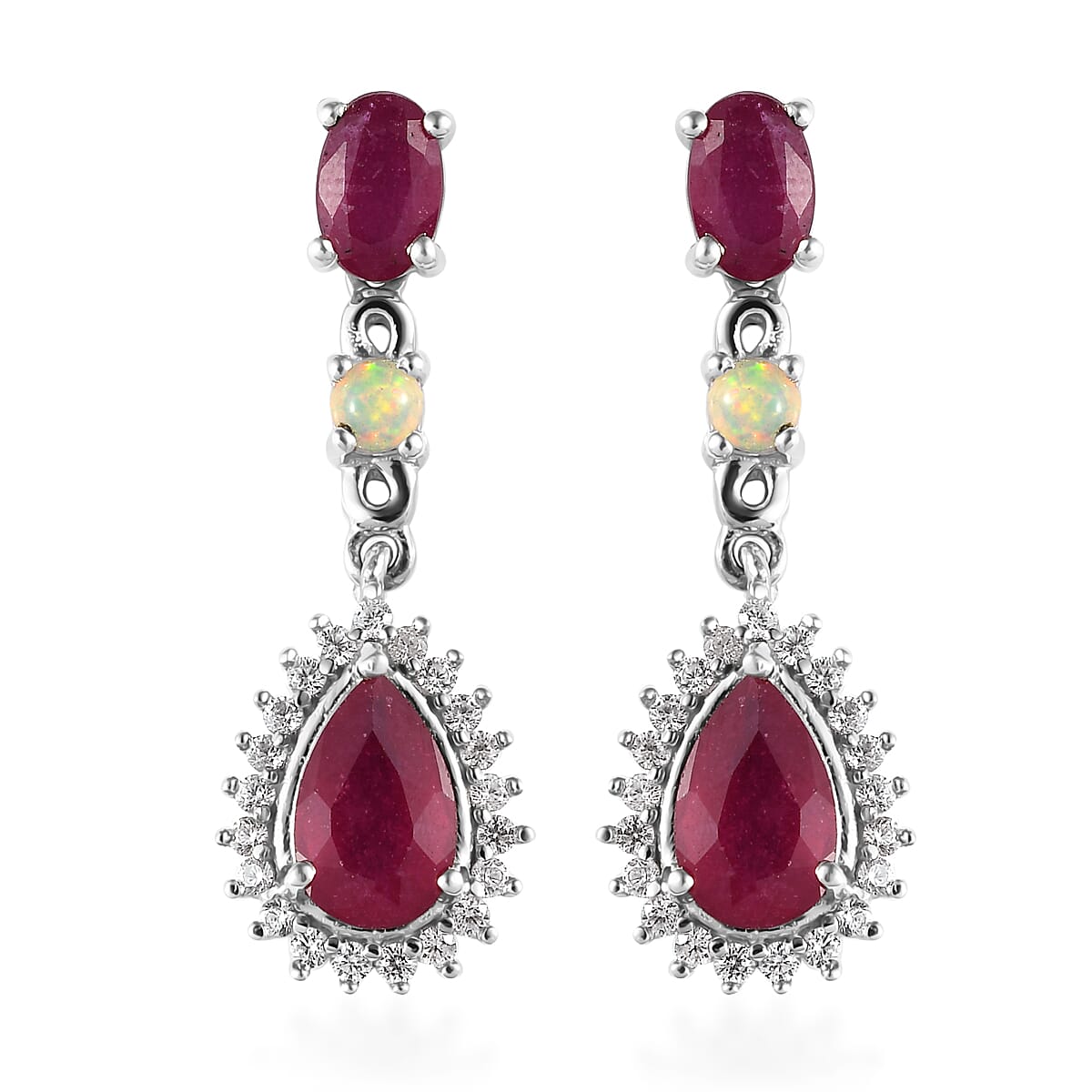 Niassa Ruby (FF) and Multi Gemstone Dangling Earrings in Platinum Over Sterling Silver 4.40 ctw image number 0