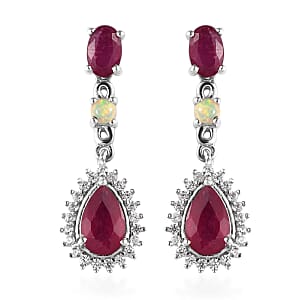 Niassa Ruby (FF) and Multi Gemstone Dangling Earrings in Platinum Over Sterling Silver 4.40 ctw