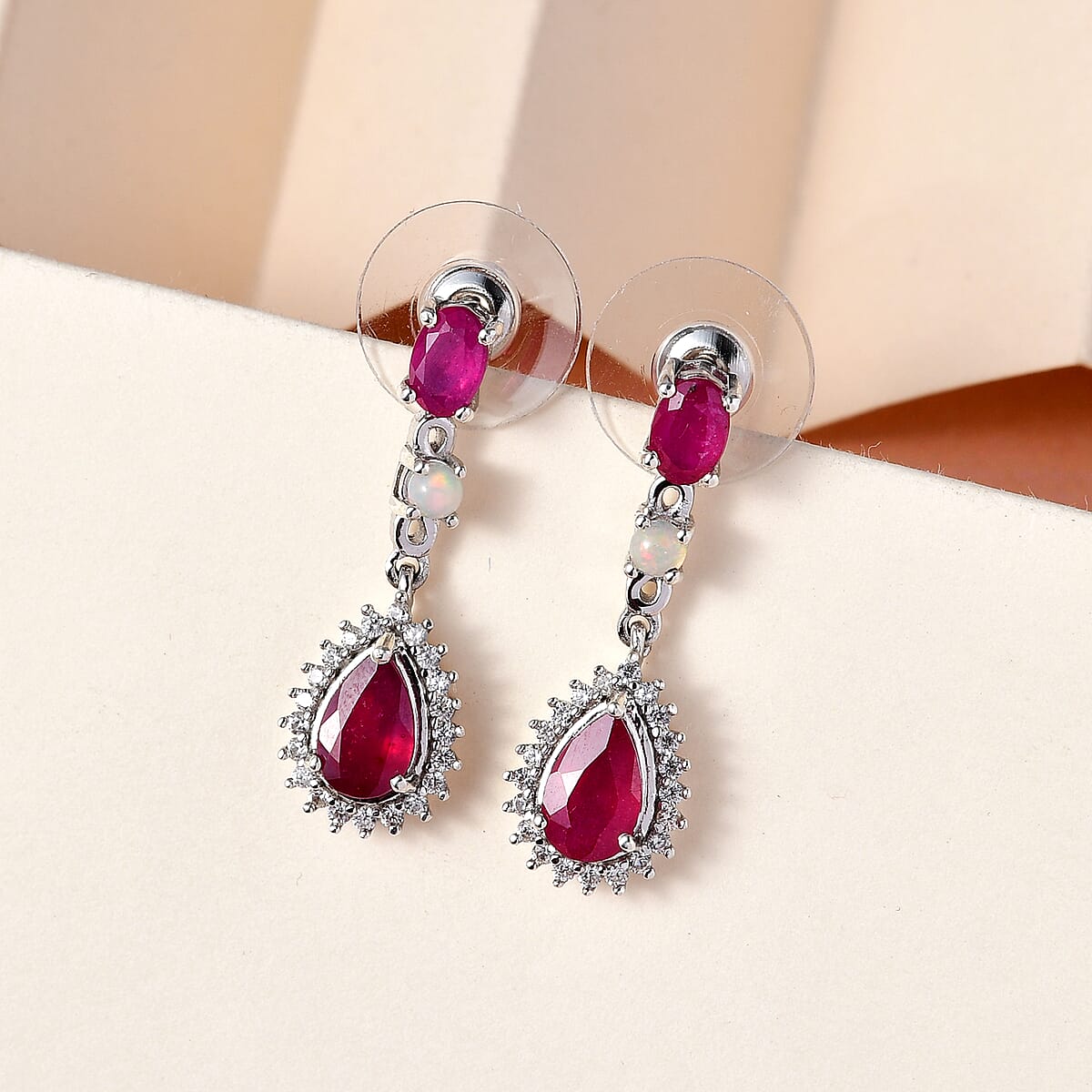 Niassa Ruby (FF) and Multi Gemstone Dangling Earrings in Platinum Over Sterling Silver 4.40 ctw image number 1