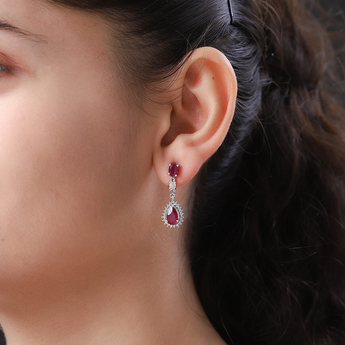 Niassa Ruby (FF) and Multi Gemstone Dangling Earrings in Platinum Over Sterling Silver 4.40 ctw image number 2