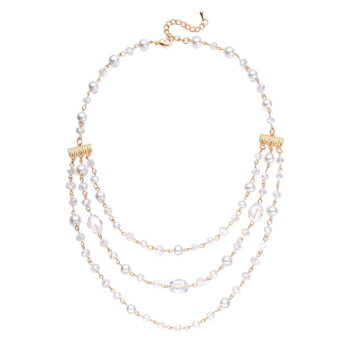 Simulated White Pearl and White Mystic Glass Layered Necklace 21.5-23.5 Inches in Goldtone image number 0