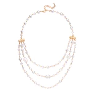 Simulated White Pearl and White Mystic Glass Layered Necklace 21.5-23.5 Inches in Goldtone