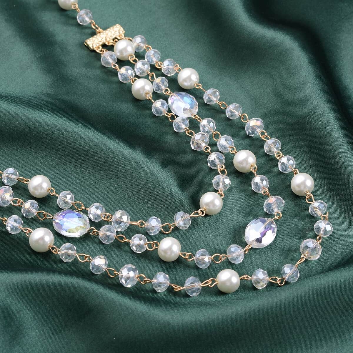 Simulated White Pearl and White Mystic Glass Layered Necklace 21.5-23.5 Inches in Goldtone image number 1