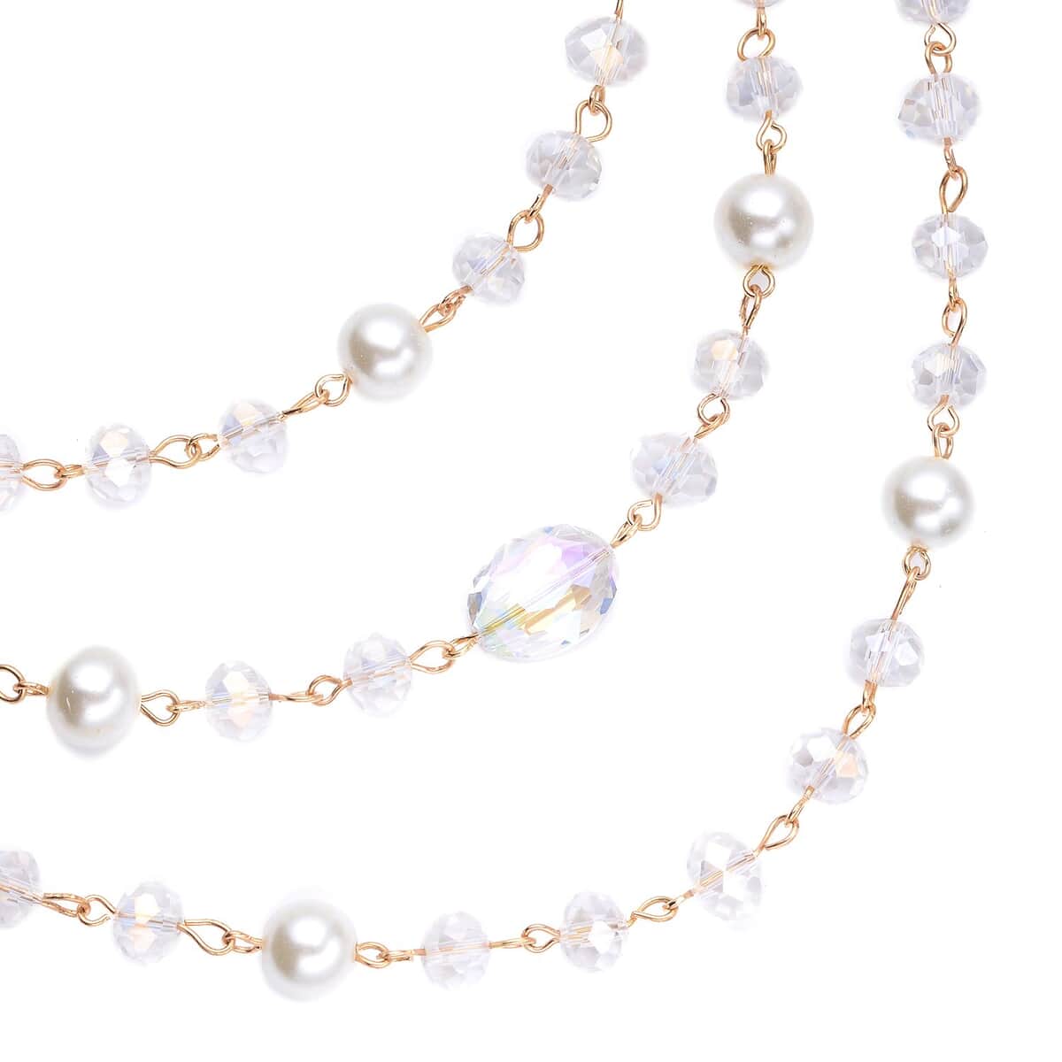 Simulated White Pearl and White Mystic Glass Layered Necklace 21.5-23.5 Inches in Goldtone image number 2