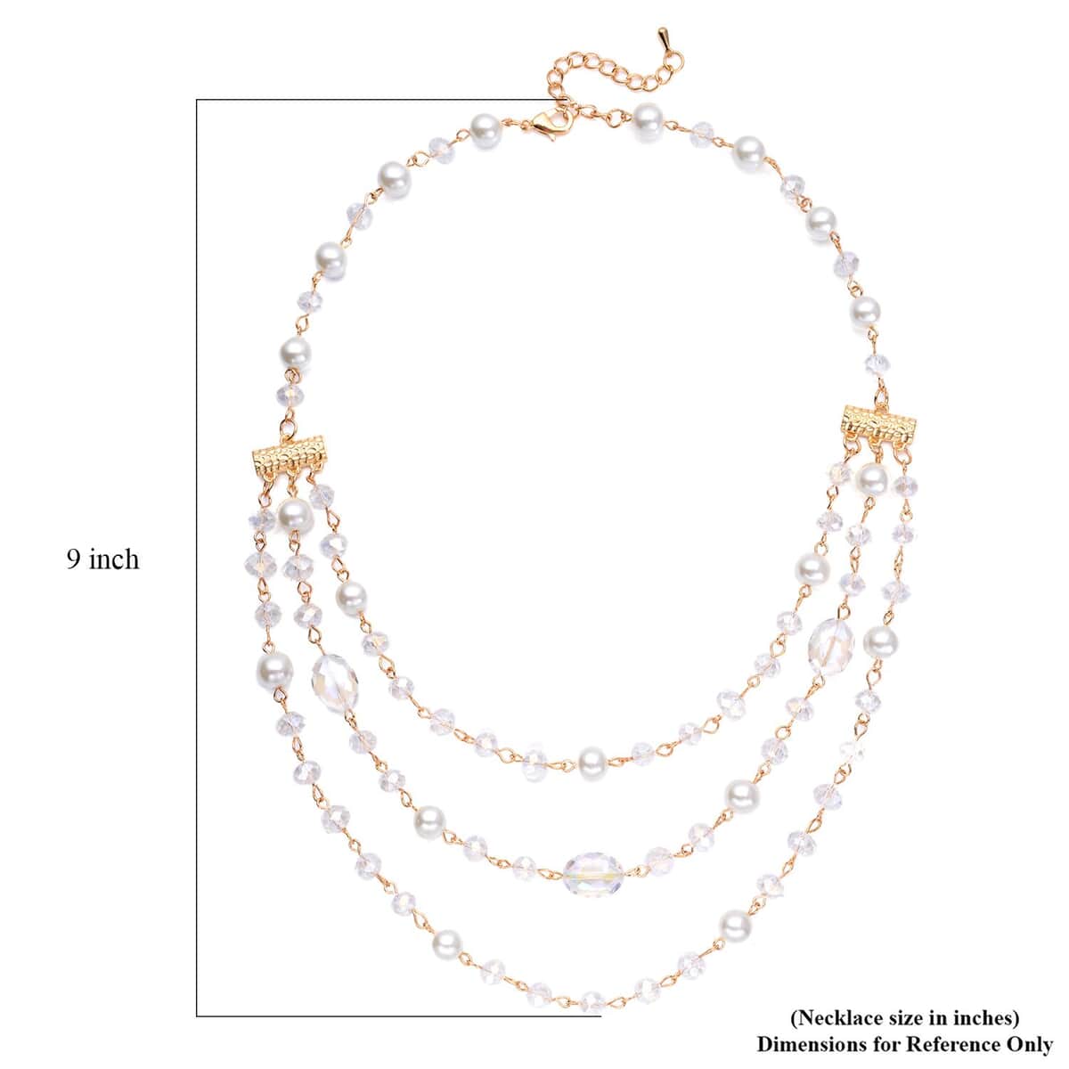 Simulated White Pearl and White Mystic Glass Layered Necklace 21.5-23.5 Inches in Goldtone image number 5