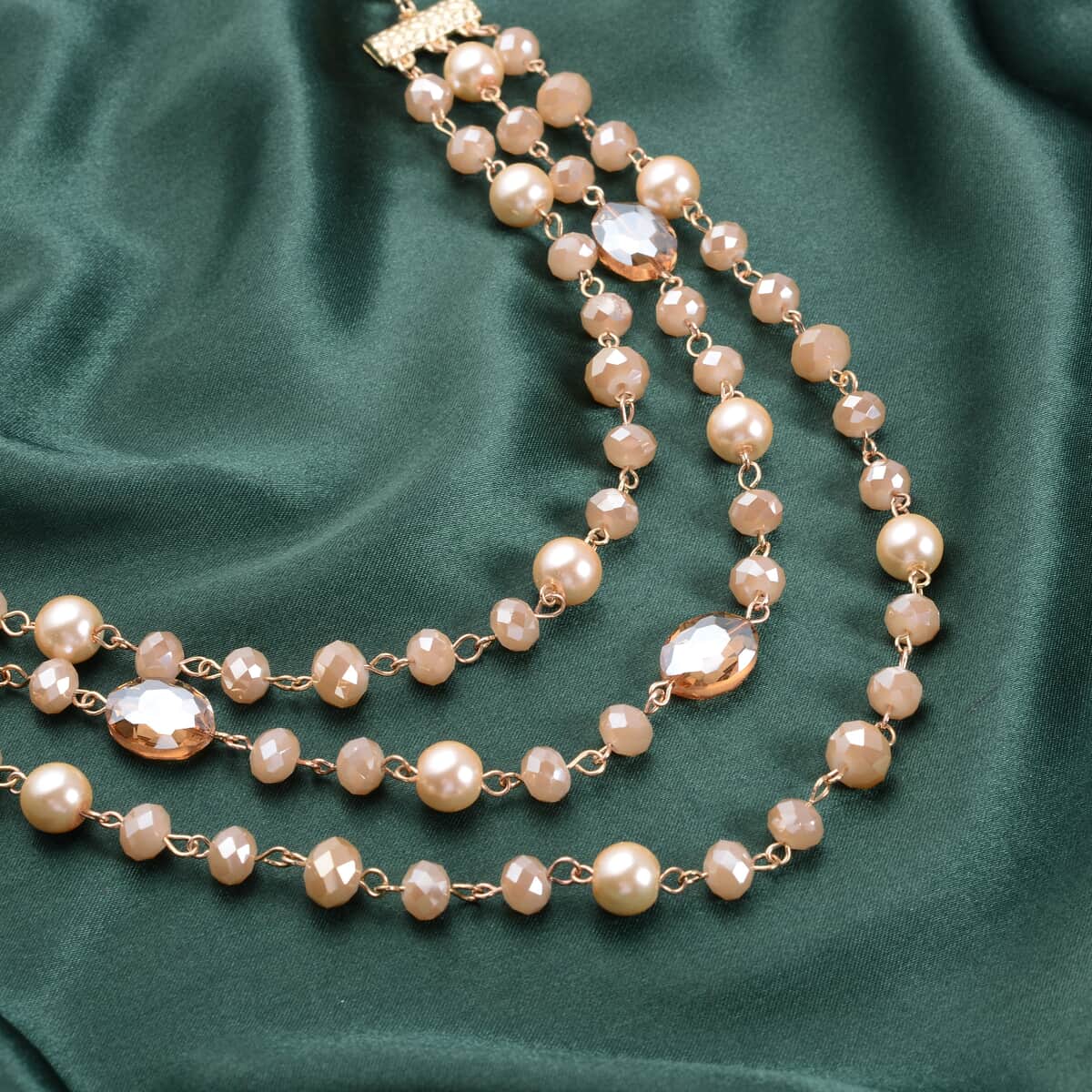 Simulated Champagne Pearl and Champagne Glass Layered Necklace 21.5-23.5 Inches in Goldtone image number 1