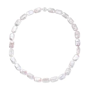 Long Square Shape White Cultured Pearl Necklace (20 Inches) in Rhodium Over Sterling Silver