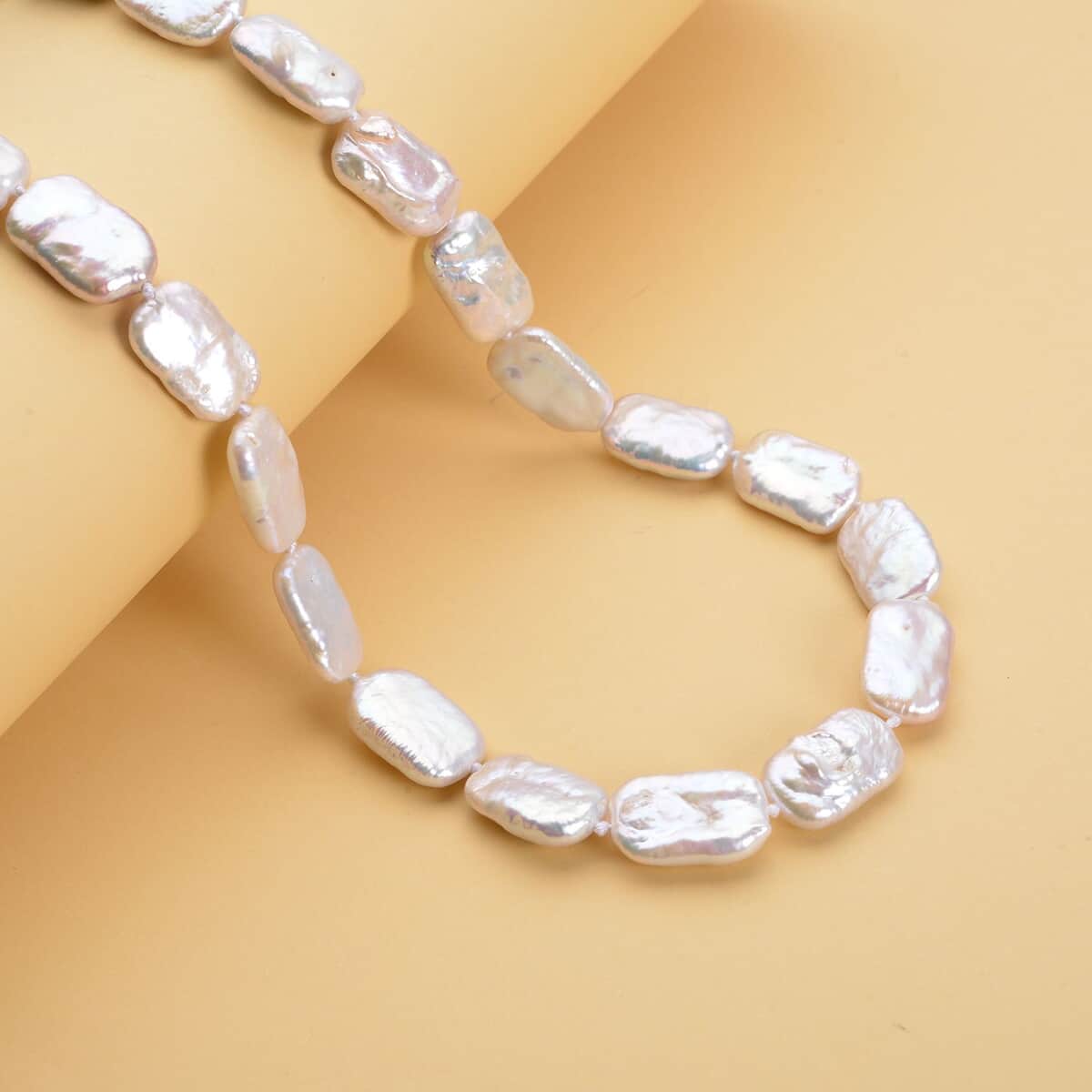 Long Square Shape White Keshi Pearl Necklace 20 Inches in Rhodium Over Sterling Silver image number 1