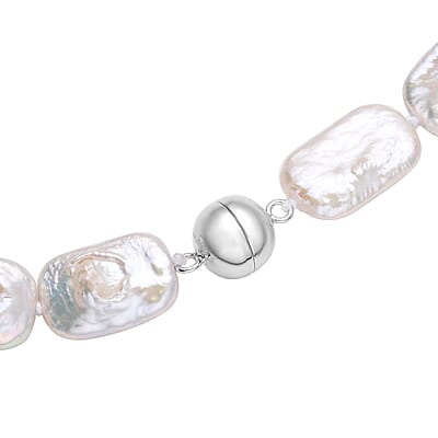 Long Square Shape White Cultured Pearl Necklace (20 Inches) in Rhodium Over Sterling Silver