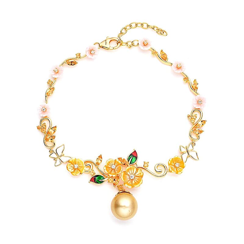 Jardin Collection South Sea Pearl and Carved Mother Of Pearl , Multi Gemstone Bracelet in Vermeil YG Over Sterling Silver (9.50 In) 2.35 ctw