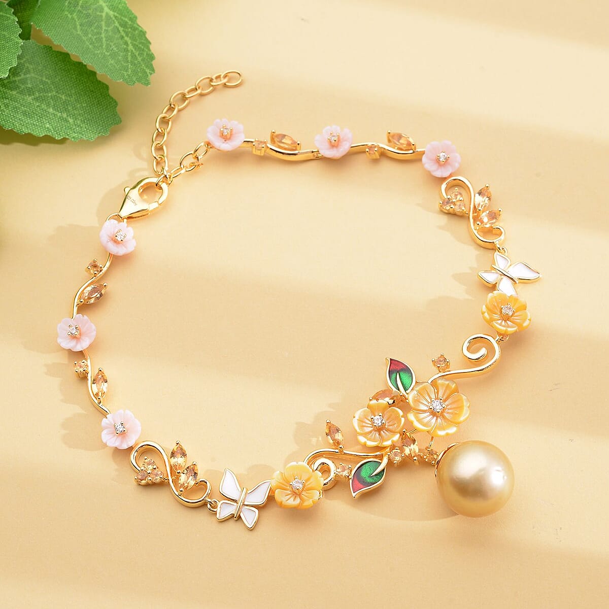 Jardin Collection South Sea Pearl and Carved Mother Of Pearl , Multi Gemstone Bracelet in Vermeil YG Over Sterling Silver (9.50 In) 2.35 ctw image number 1