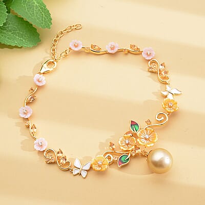 Jardin Collection South Sea Pearl and Carved Mother Of Pearl , Multi Gemstone Bracelet in Vermeil YG Over Sterling Silver (9.50 In) 2.35 ctw