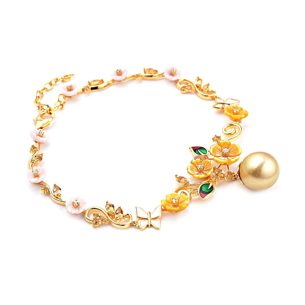 Jardin Collection South Sea Pearl and Carved Mother Of Pearl , Multi Gemstone Bracelet in Vermeil YG Over Sterling Silver (9.50 In) 2.35 ctw image number 2