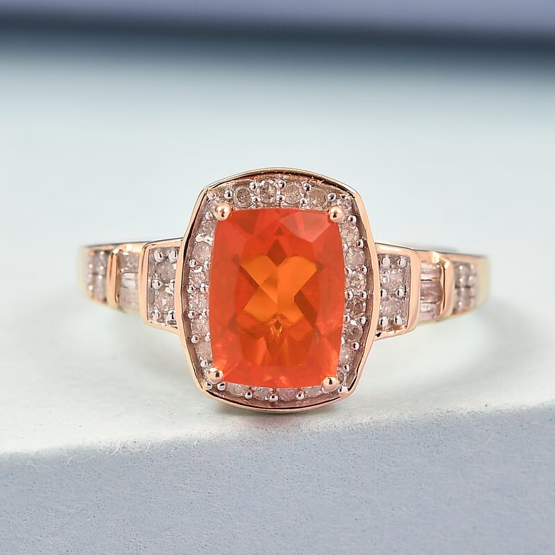 Luxoro 10K Yellow Gold AAA Premium Mexican Fire Opal and Diamond Ring (Size 10.0) 1.25 ctw
